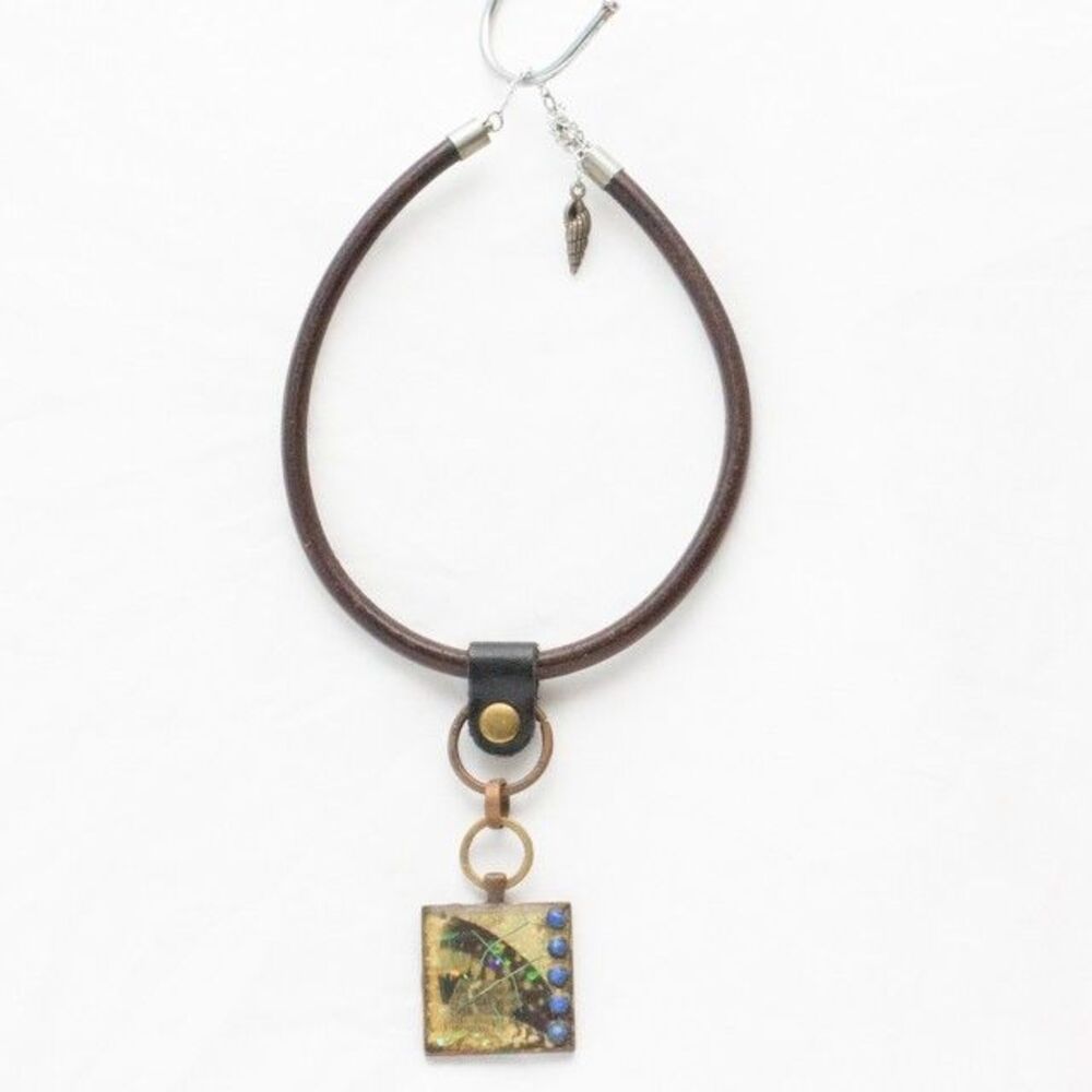 Brutalist Artisan-Made Choker Necklace Square Resin Pendant Brass Metal Leather
